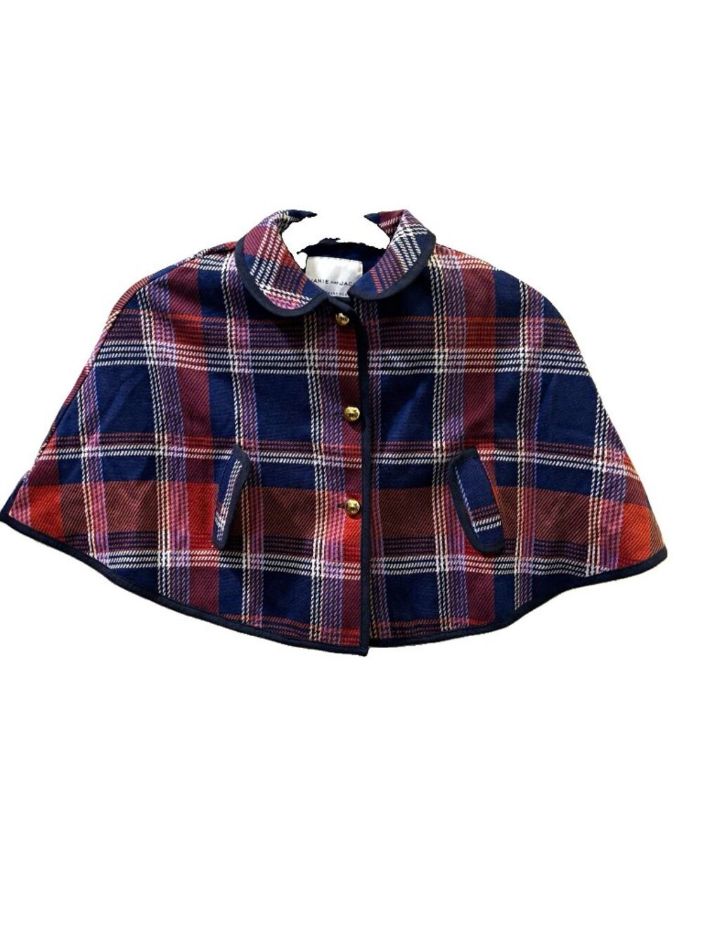 Janie and Jack Plaid Capelet Cape Button Front Pockets Navy Red kids 3/4